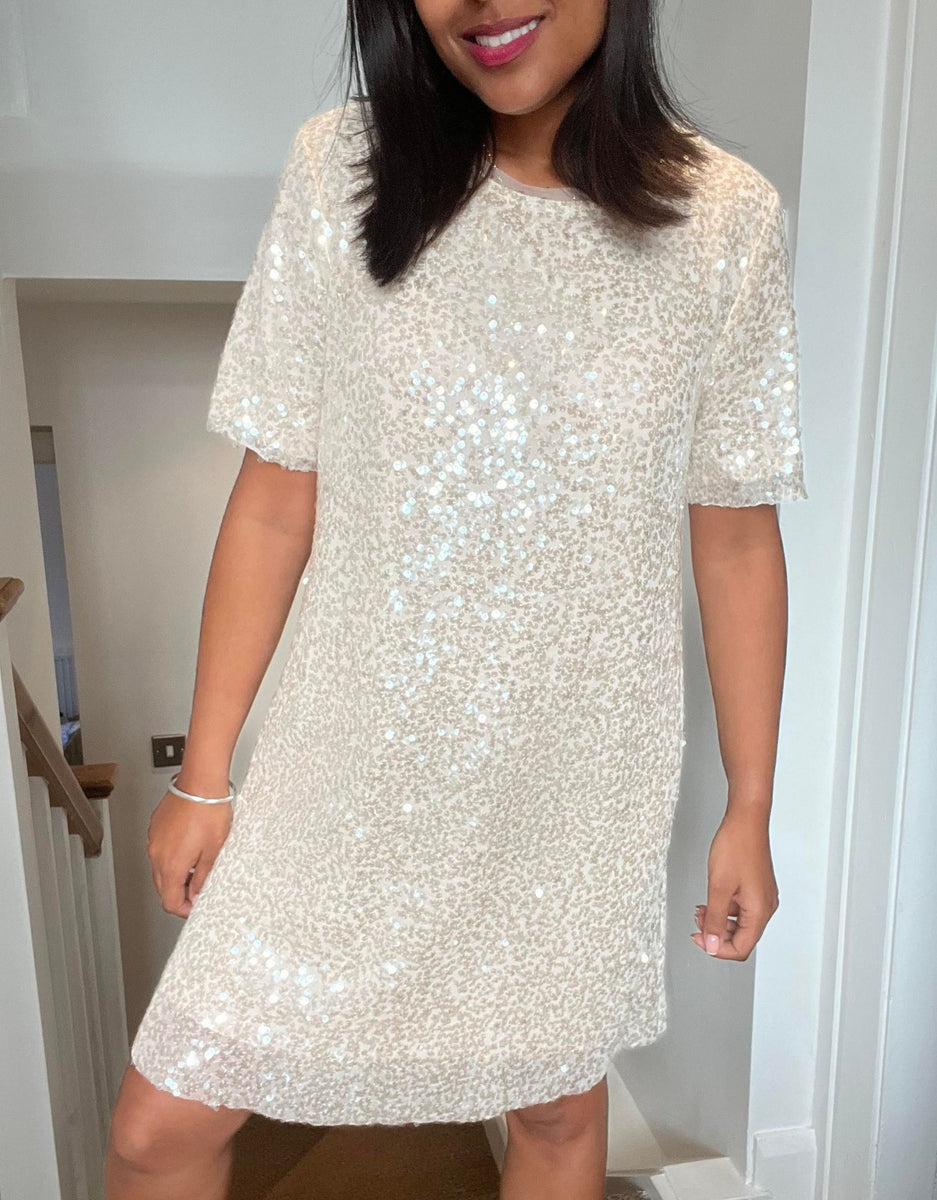 Taylor Sequin T shirt Dress Champagne Mimi s Edit