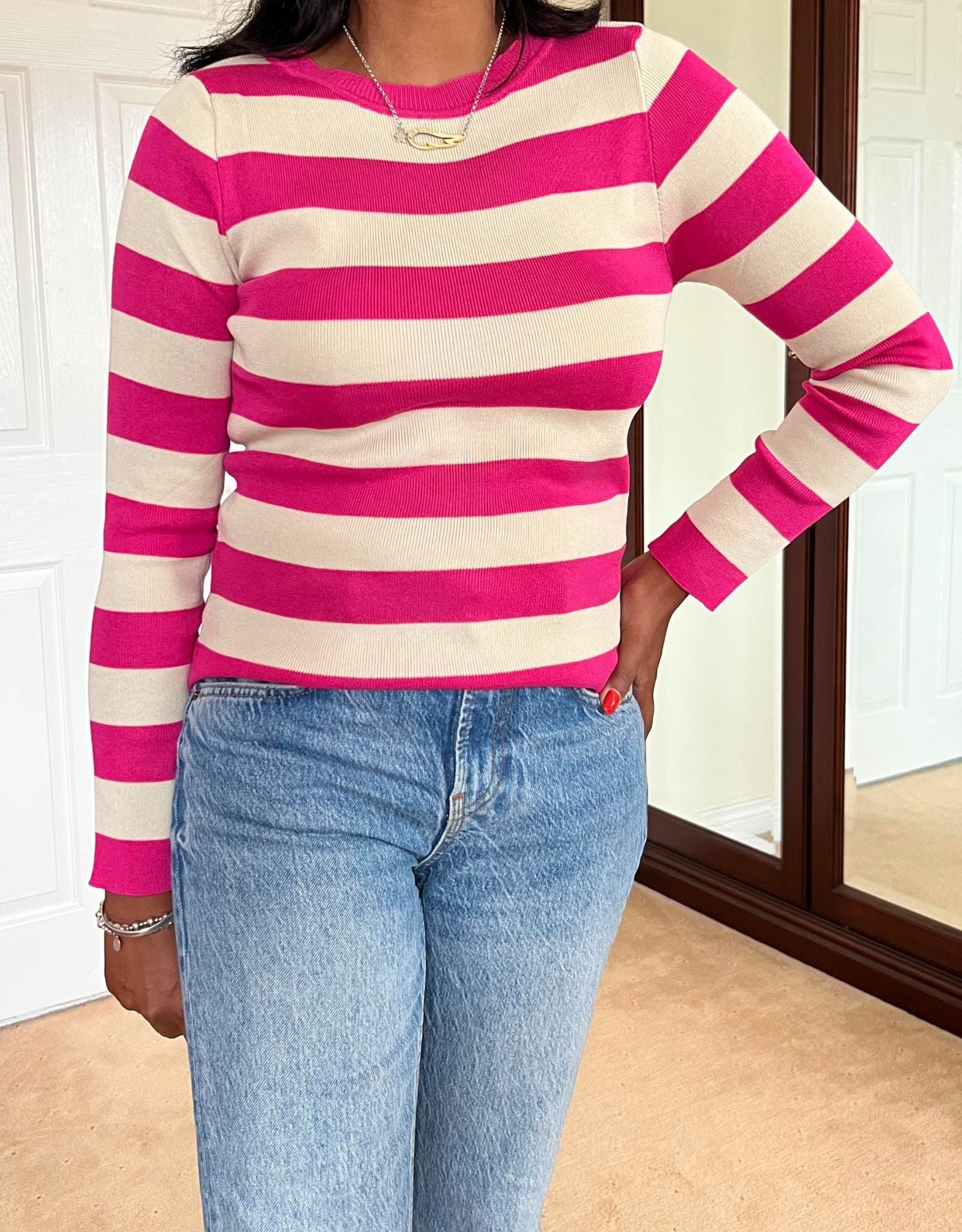 Lea Striped Crew Neck Fine Knit Sweater hot pink and off white Mimi s Edit