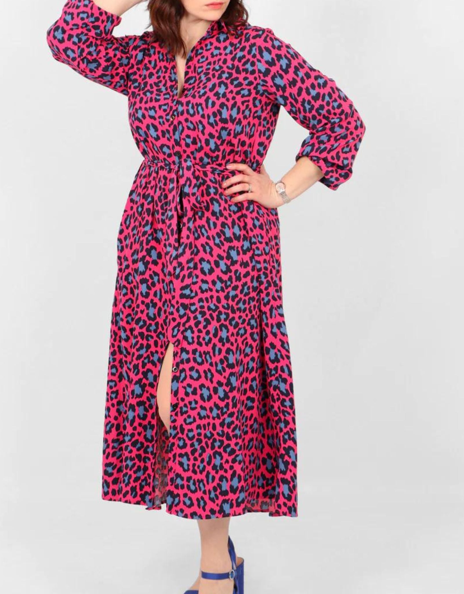 Pink leopard shirt dress best sale