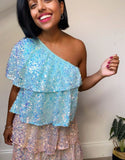 Pastel Sequin One Shoulder Tiered Dress